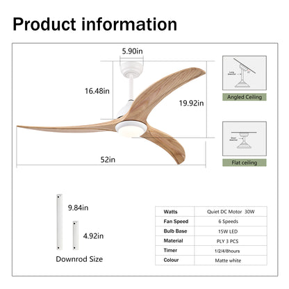 52" Matte White Solid Wood Ceiling Fan with Remote - view 6