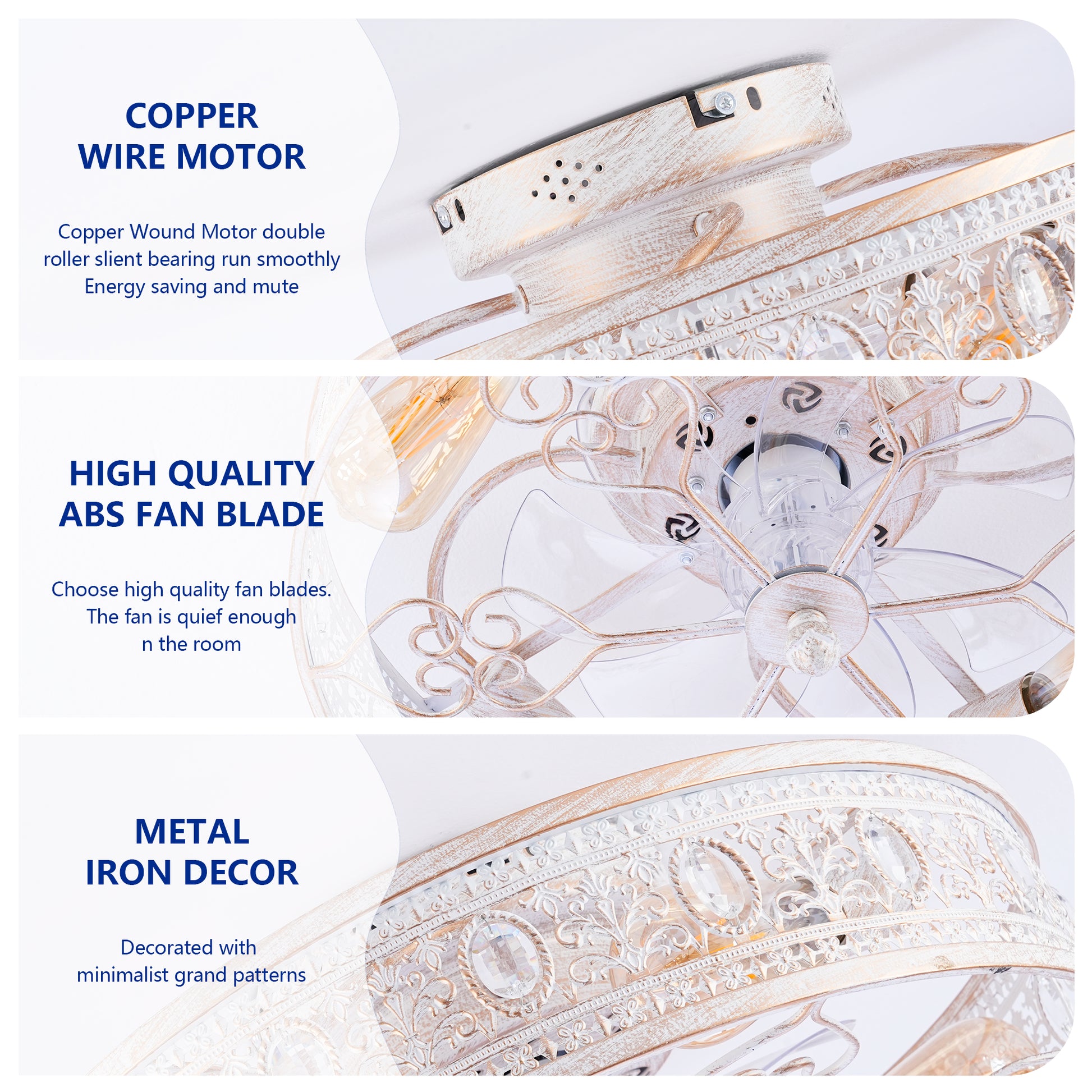 20" White & Gold Crystal Caged Ceiling Fan with Remote - view 16