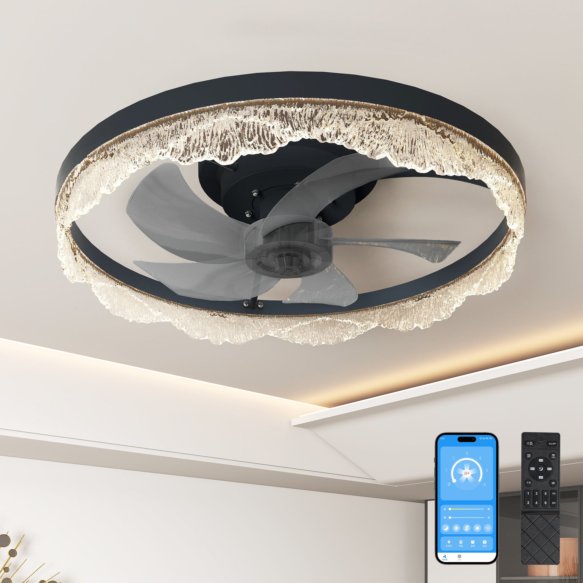 20" Black Acrylic Ring Ceiling Fan with Dimmable LED