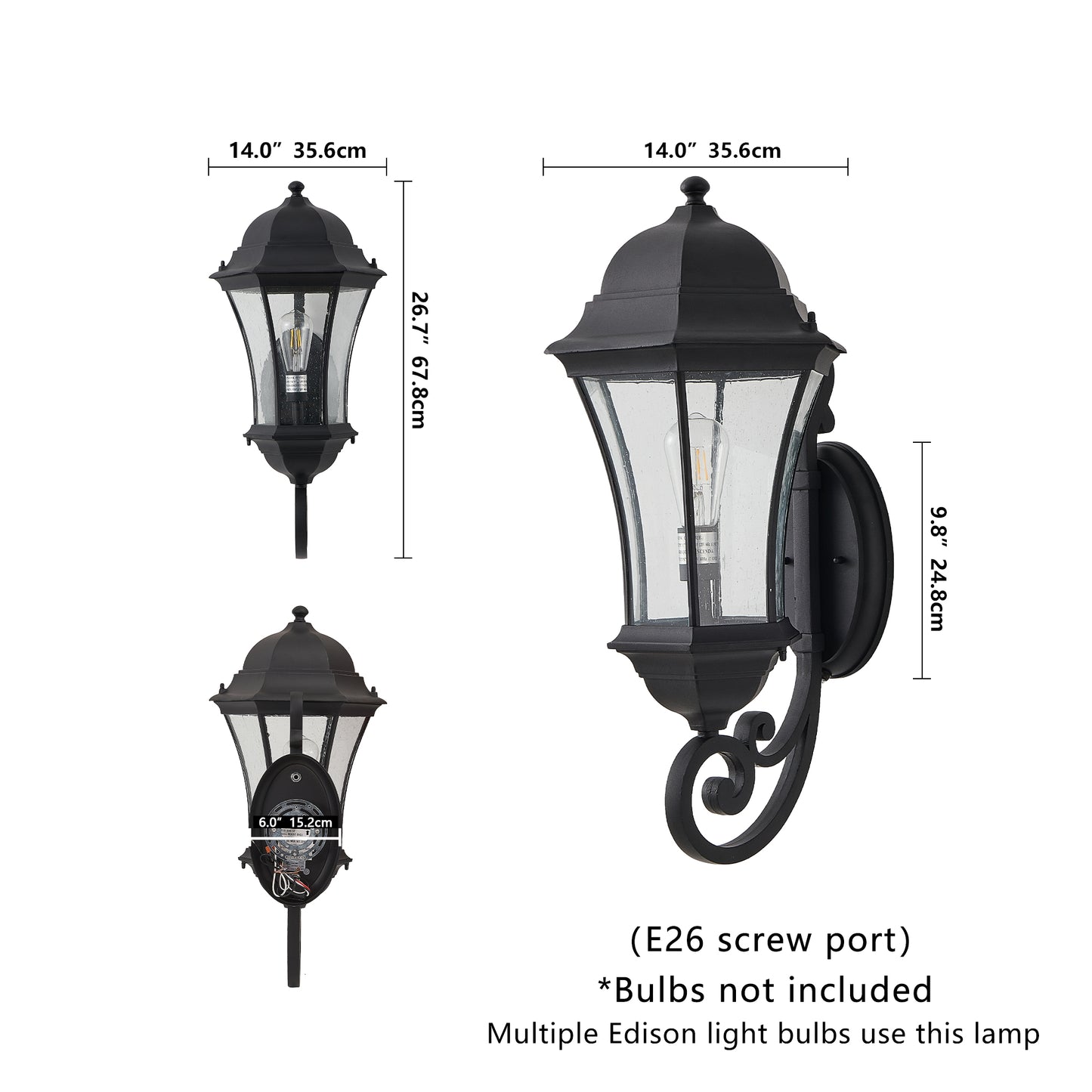 27"H Vintage Black Outdoor Wall Lantern with Bubble Glass - view 7