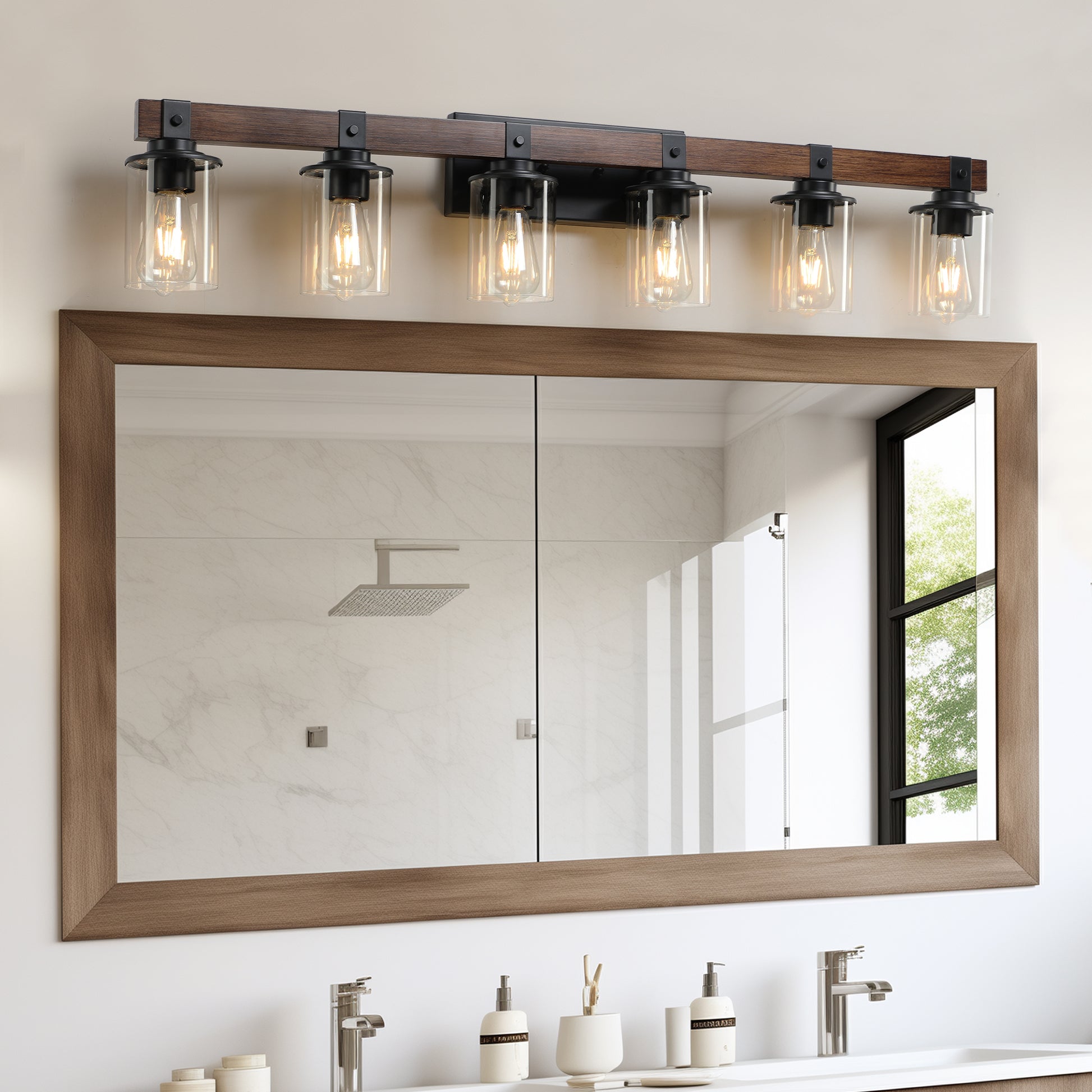 42" 6-Light Farmhouse Vanity Wall Light with Wood Accent - view 6