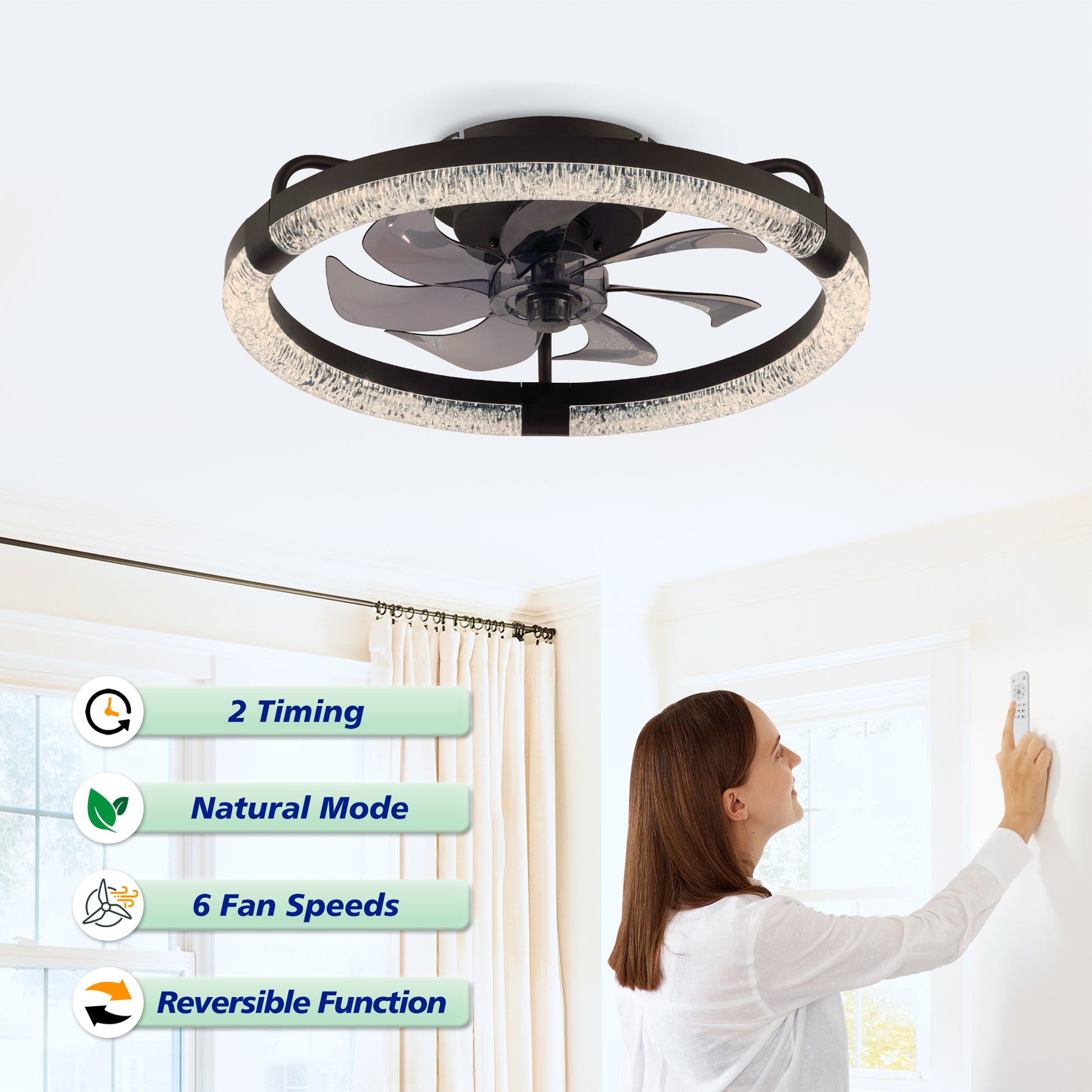 20" Matte Black Flush Mount Ceiling Fan with Dimmable LED - view 13