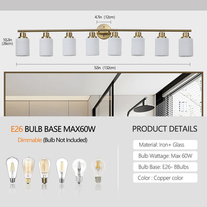 52" 8-Light Gold Vanity Light with Frosted Glass - view 7