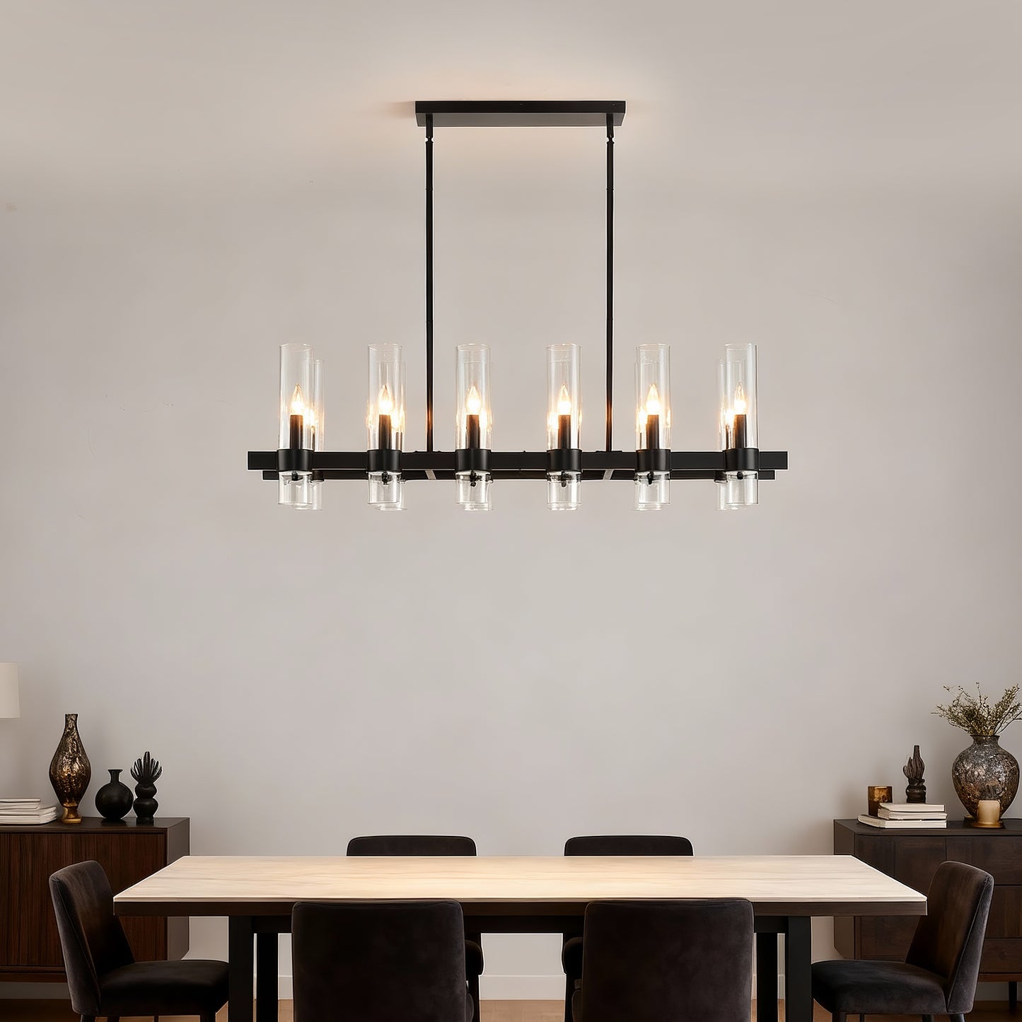 12-Light Black Linear Farmhouse Chandelier with Clear Glass - view 12