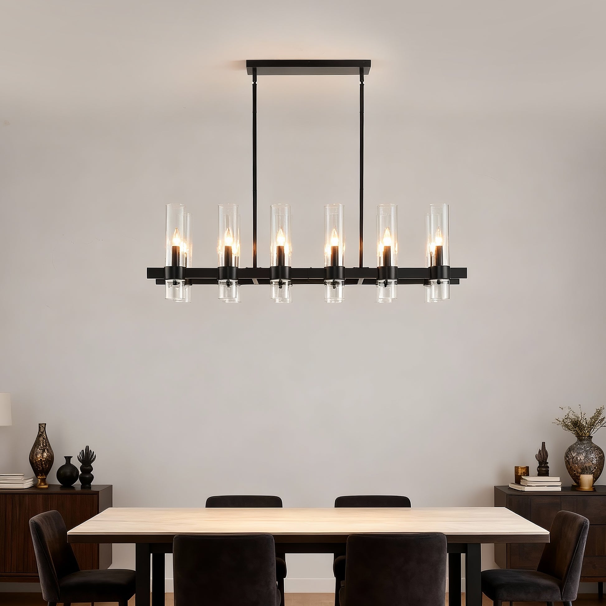 12-Light Black Linear Farmhouse Chandelier with Clear Glass - view 12