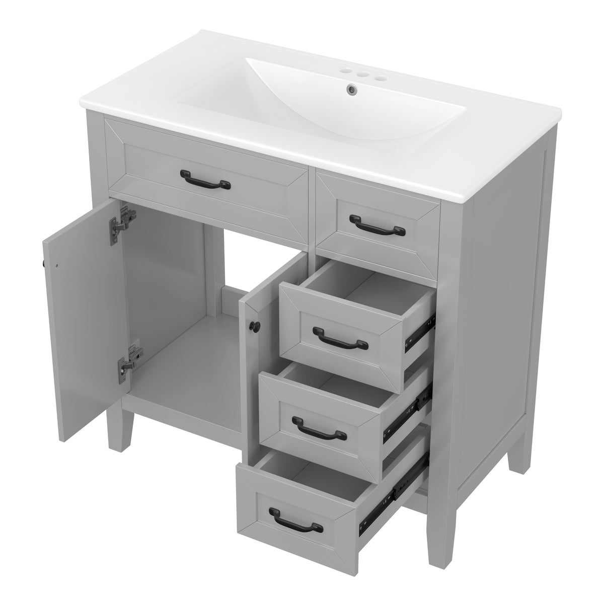 36" Gray Bathroom Vanity with Sink, 4 Drawers & Black Handles