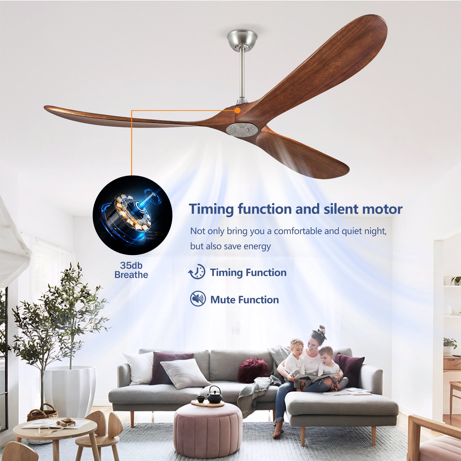 72" Walnut Solid Wood Ceiling Fan with Remote - view 15