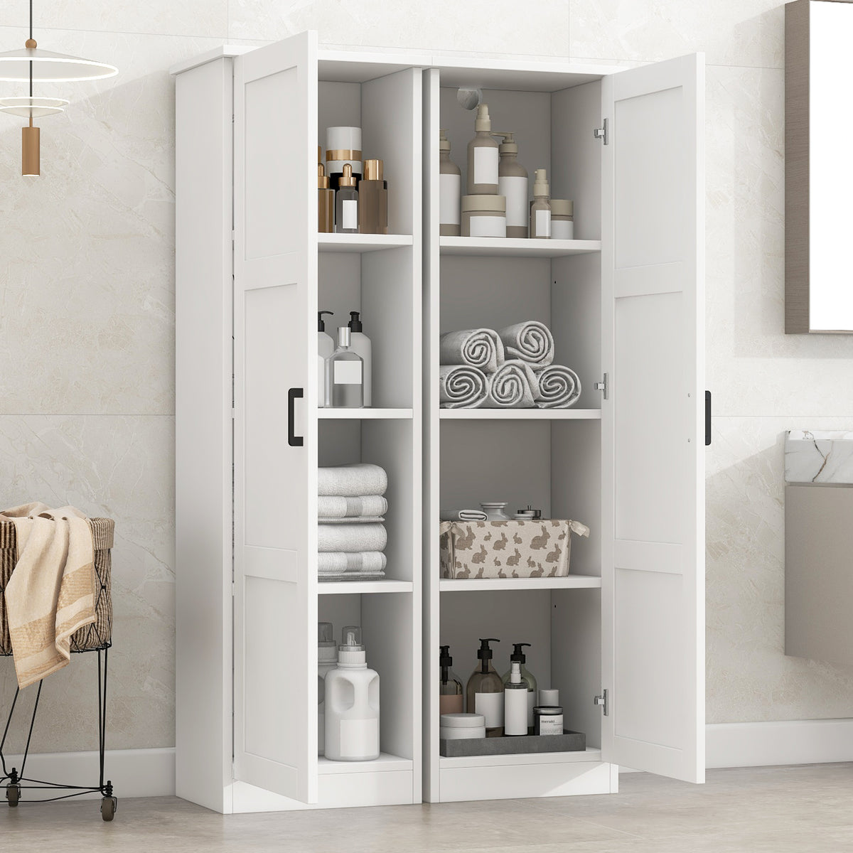 60" White Storage Cabinet with 2 Doors, 2 Units Combined