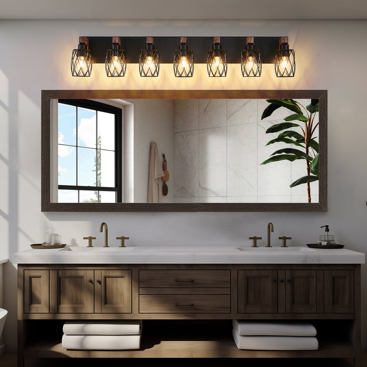 7-Light Black Caged Wall Sconce with Wood Accents - view 3