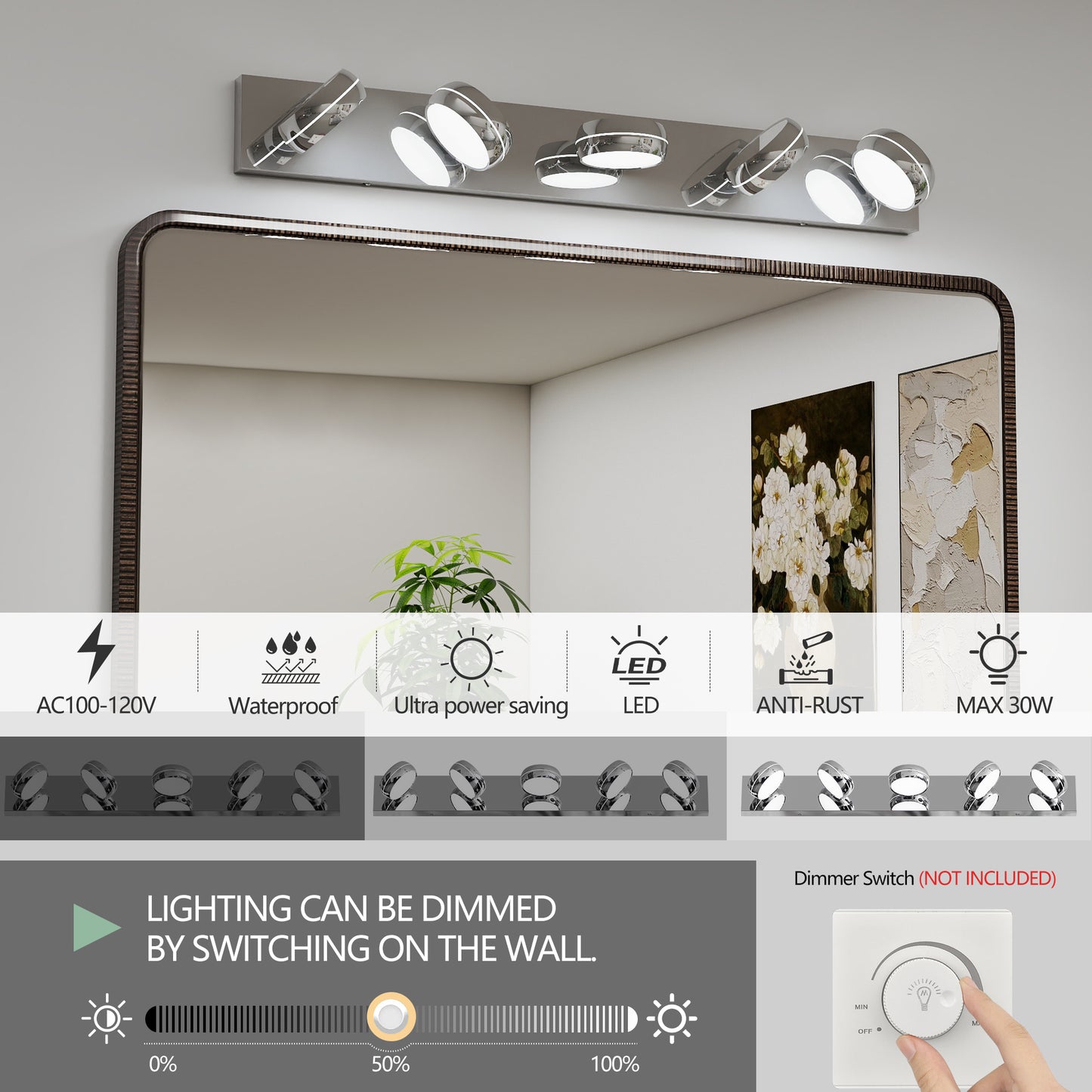 35" 5-Light Chrome LED Bathroom Vanity Light - view 6