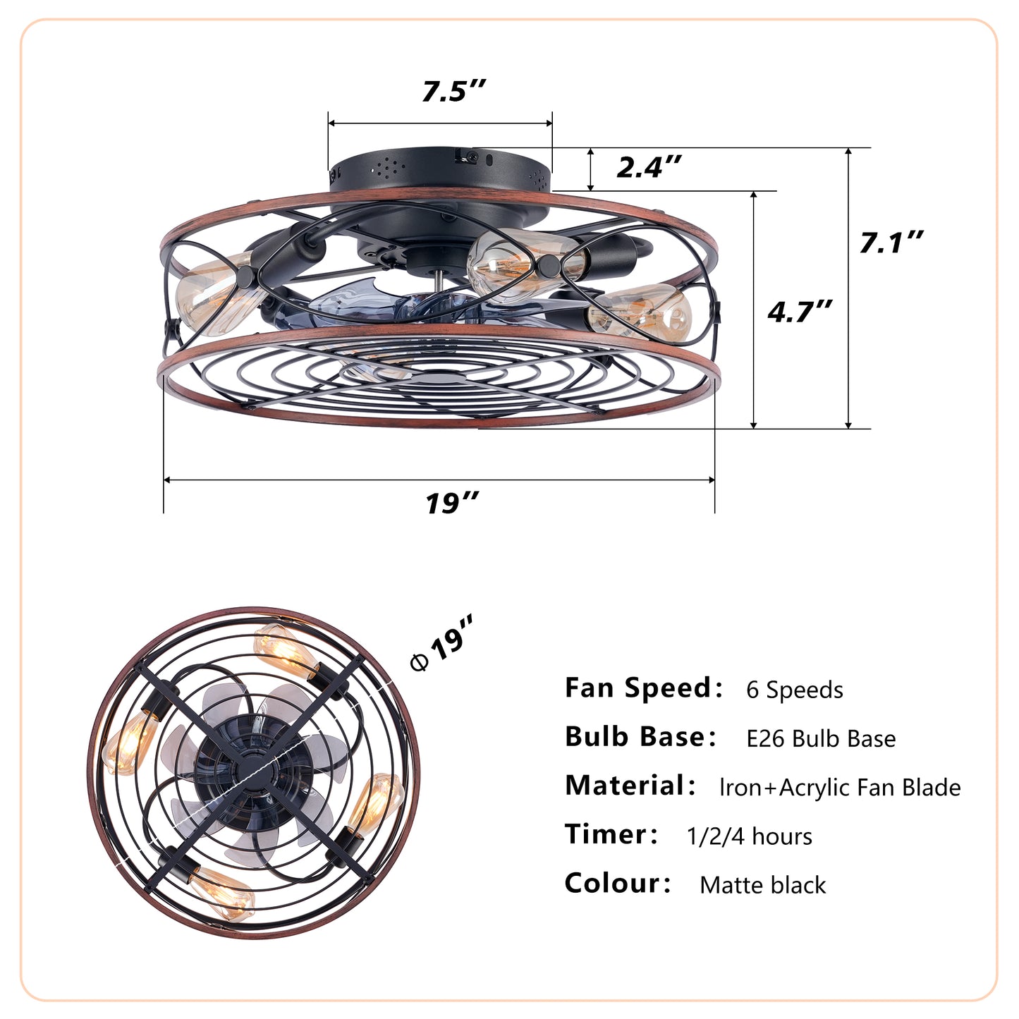 20" Matte Black Caged Ceiling Fan with Remote - view 6