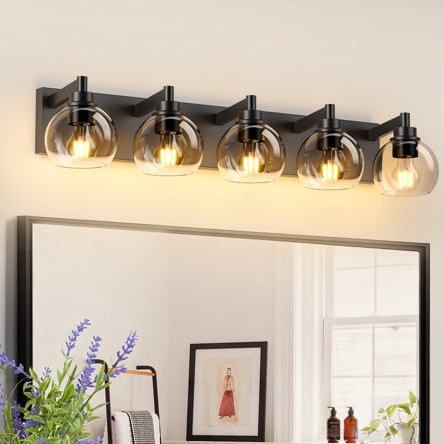 5-Light Black Vanity Light with Globe Glass Shades