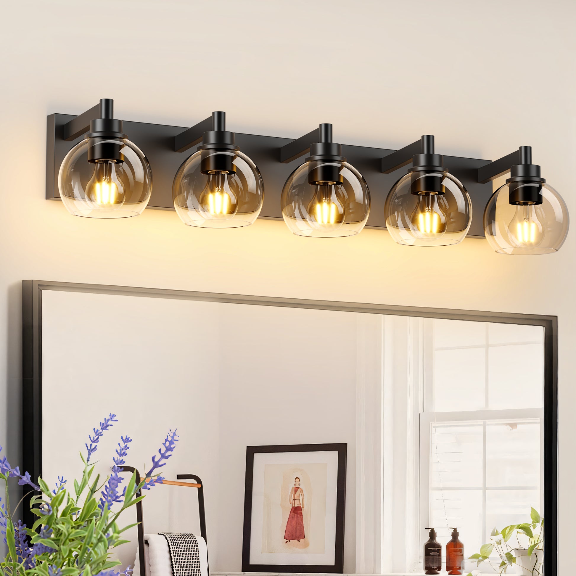 5-Light Black Vanity Light with Globe Glass Shades