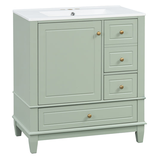30" Light Green Bathroom Vanity with Sink, 3 Drawers & Door Shelf