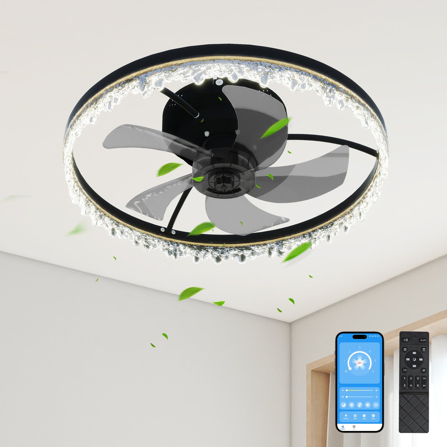 20" Black Flush Mount Ceiling Fan with Dimmable LED