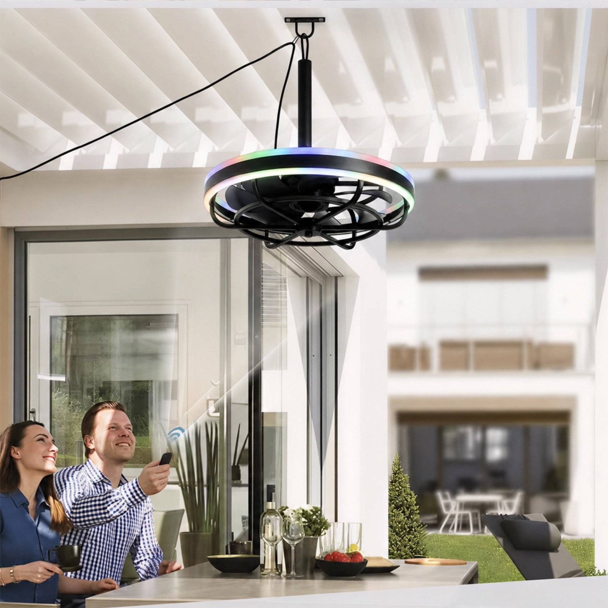Matte Black Indoor Outdoor Ceiling Fan with Dimmable LED - view 3