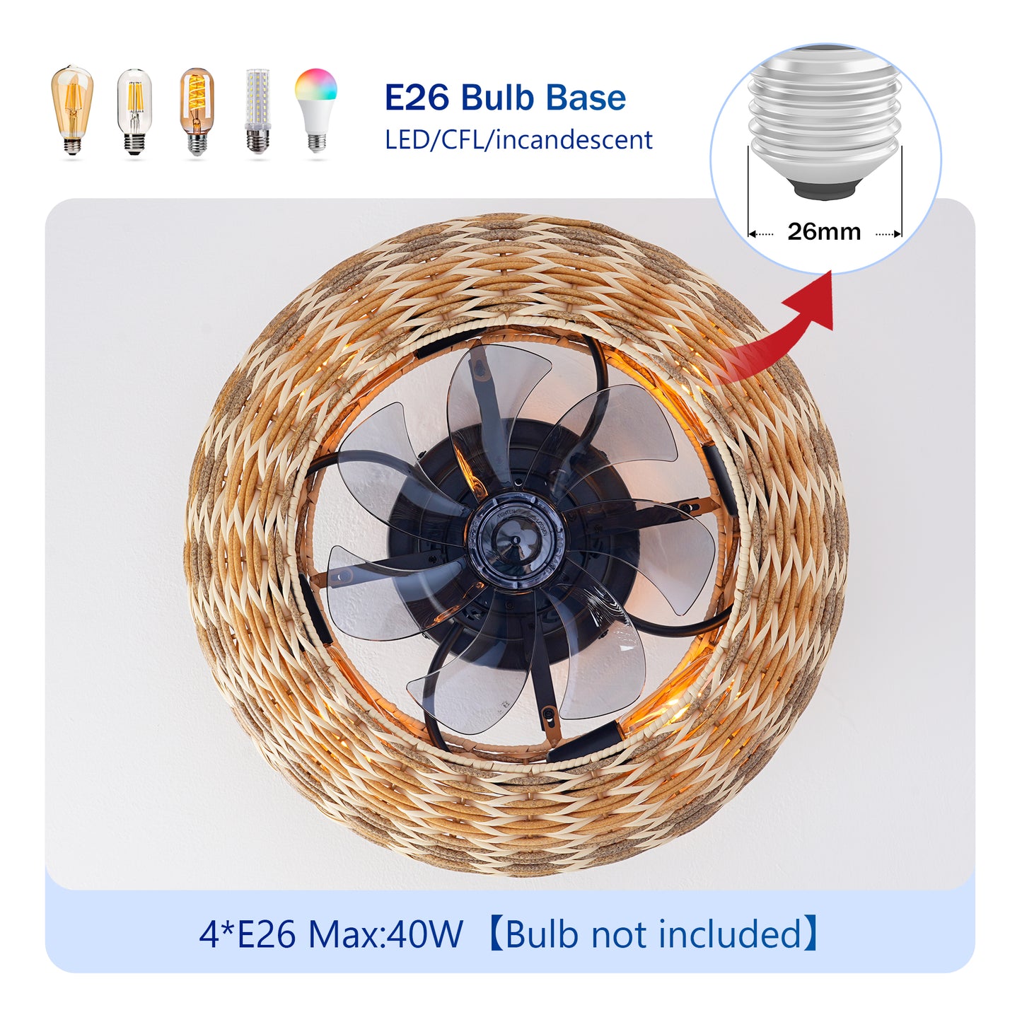 20" Rattan Caged Flush Mount Ceiling Fan with Remote - view 8
