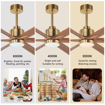70" Gold & Walnut Solid Wood Ceiling Fan with Light - view 7