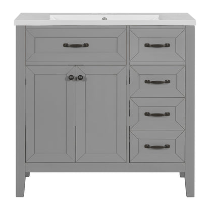 36" Gray Bathroom Vanity with Ceramic Sink, 2 Doors & 4 Drawers
