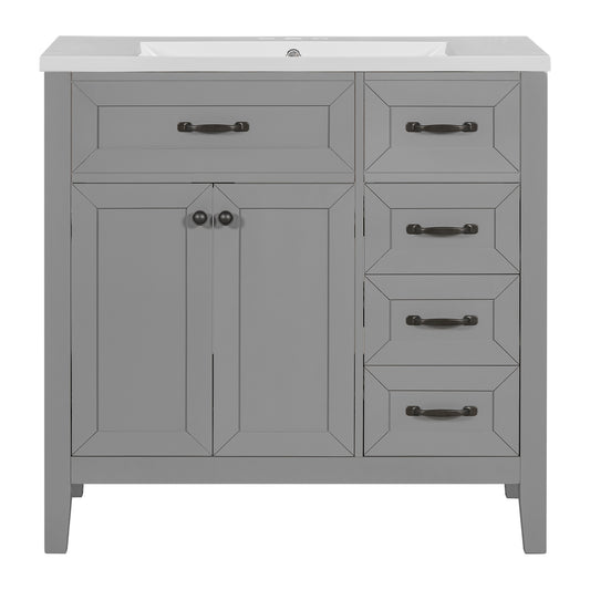 36" Gray Bathroom Vanity with Ceramic Sink, 2 Doors & 4 Drawers