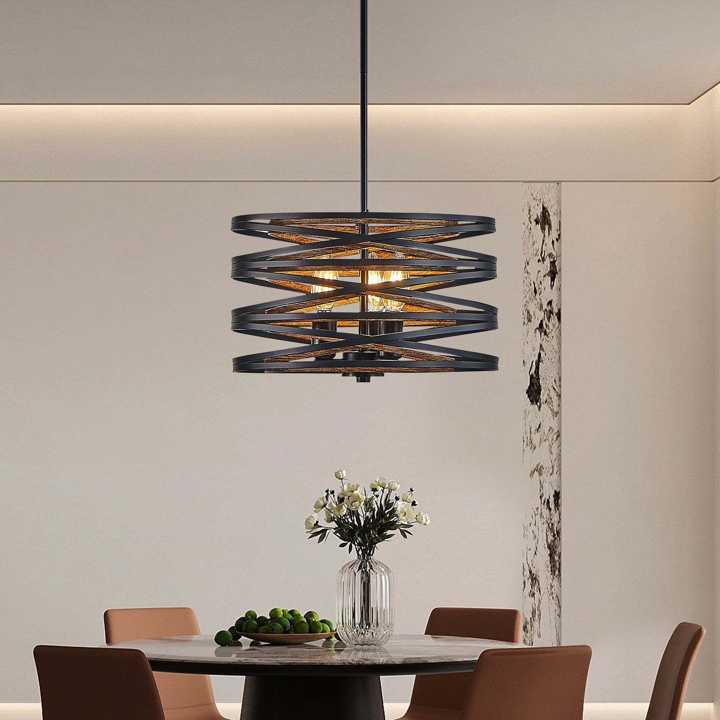 13" 3-Light Black & Walnut Caged Chandelier - view 3