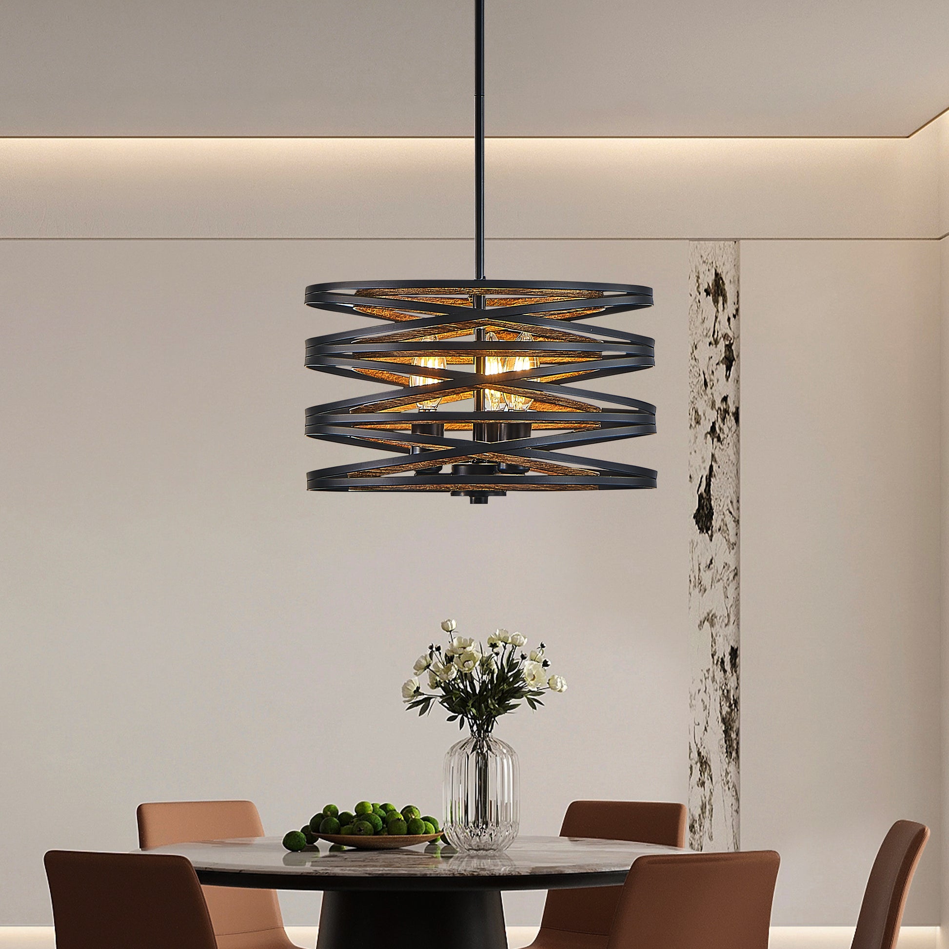 13" 3-Light Black & Walnut Caged Chandelier - view 3
