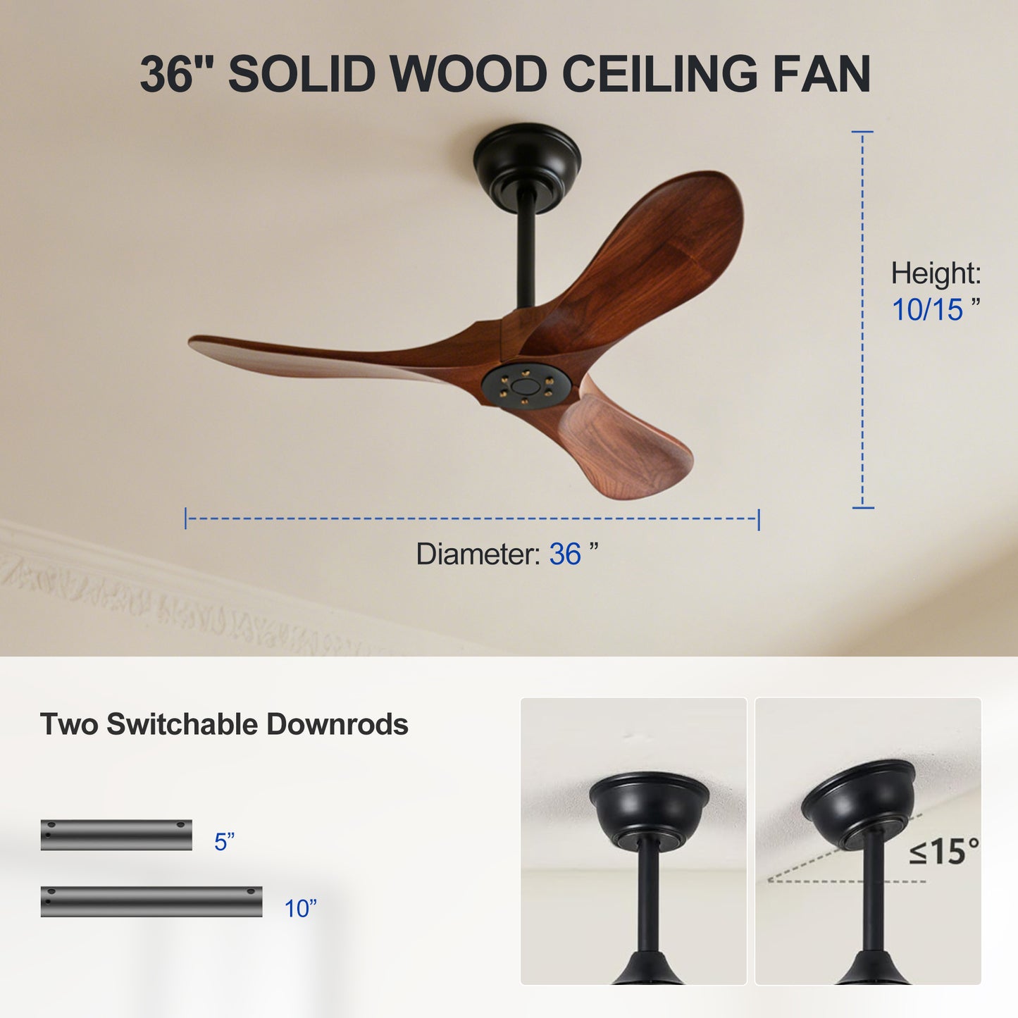 36" Walnut Wood Ceiling Fan with Remote - view 13