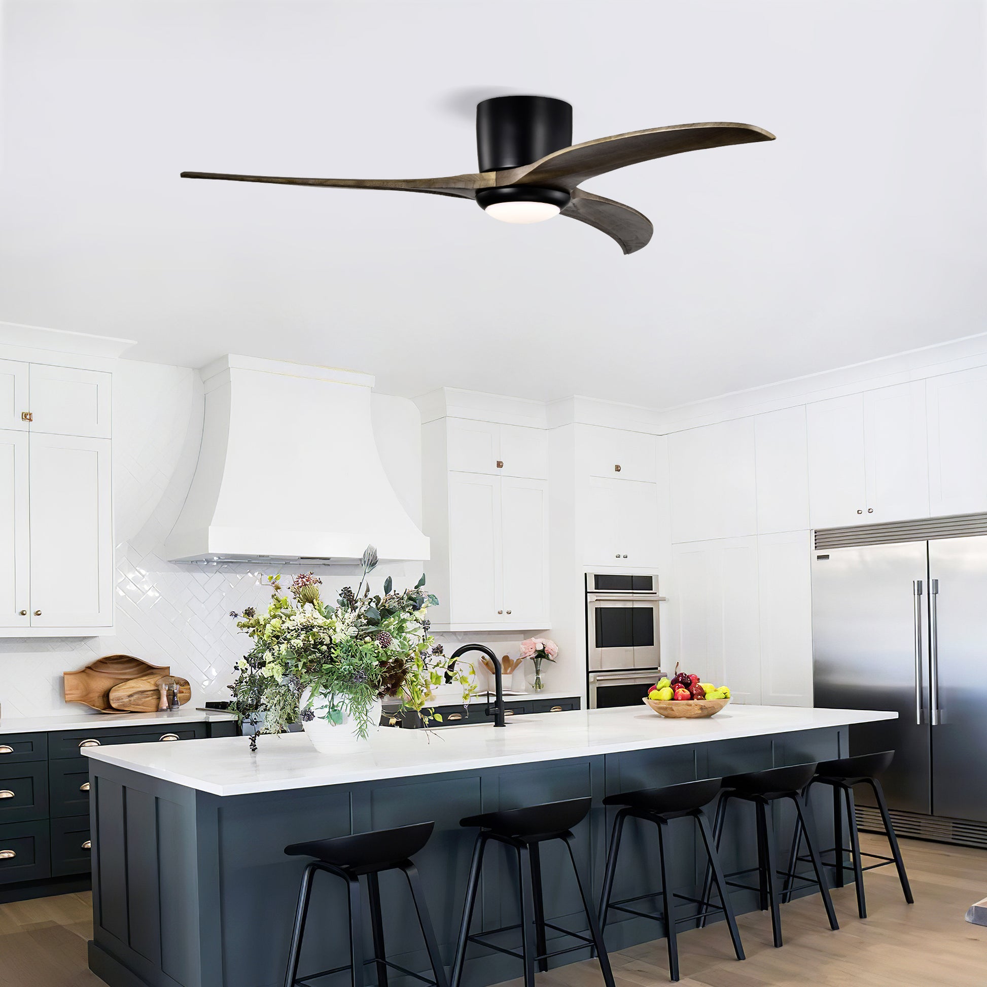 52" Matte Black Flush Mount Wood Ceiling Fan with Remote - view 6