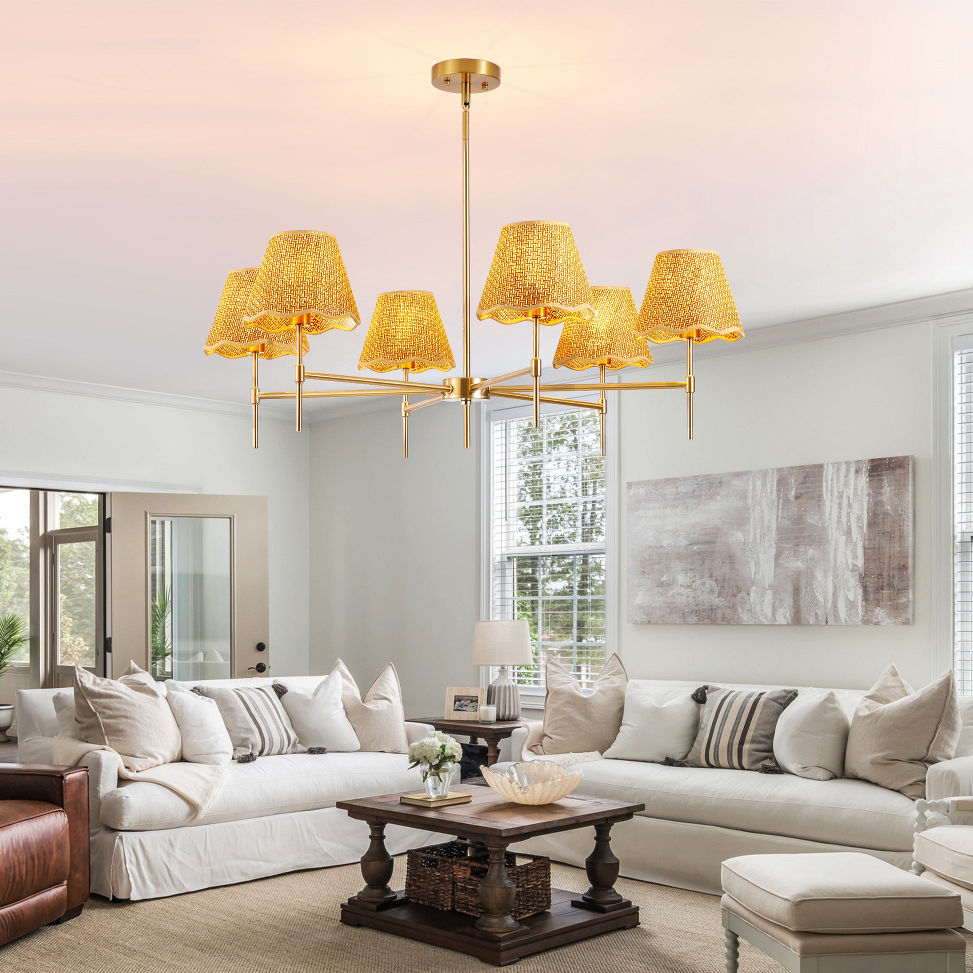 6-Light Gold Boho Rattan Pendant Chandelier - view 2