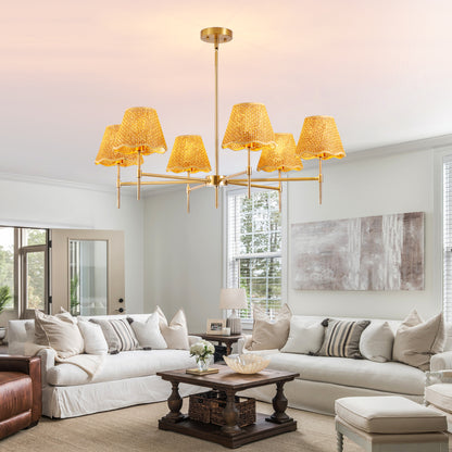 6-Light Gold Boho Rattan Pendant Chandelier - view 2