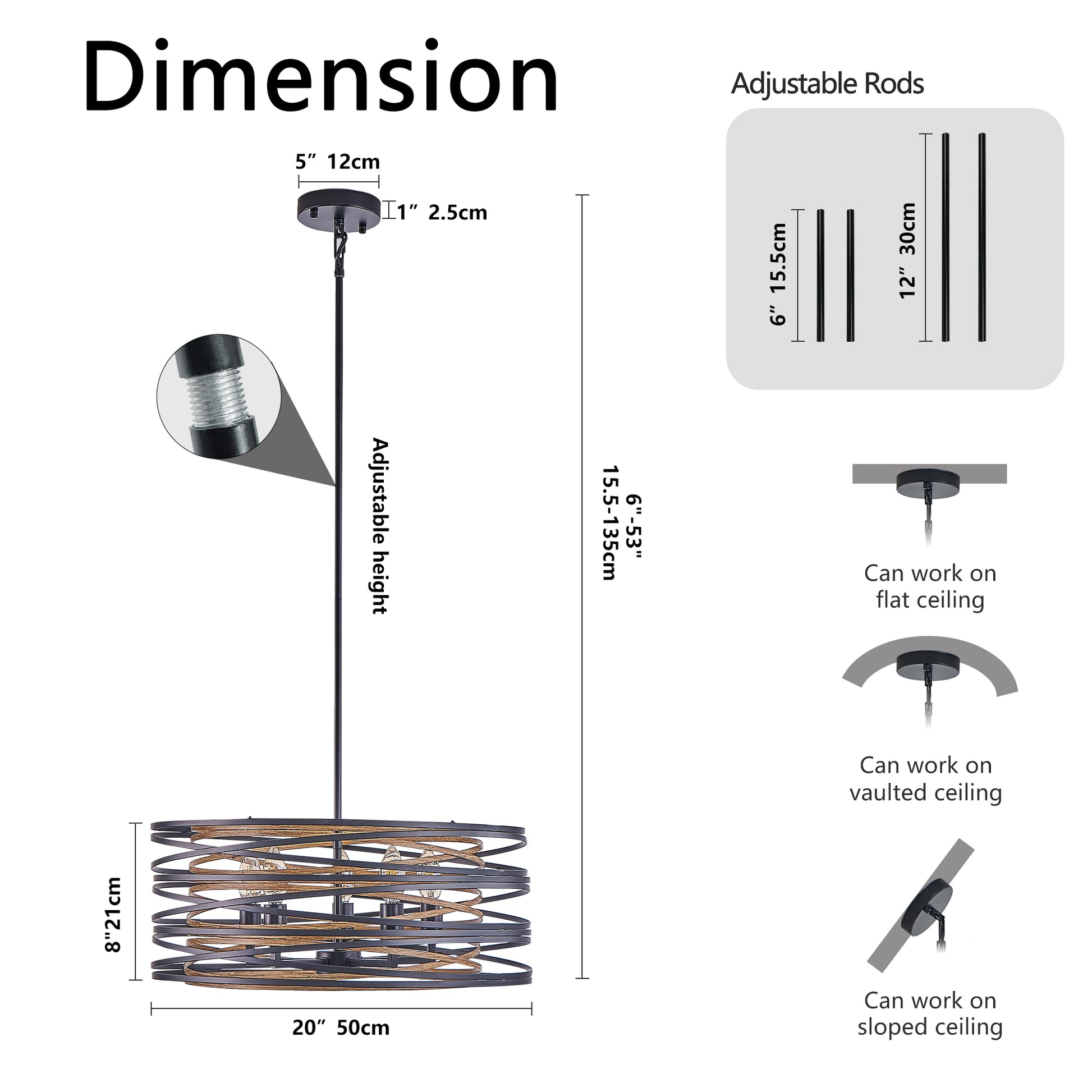 20" 5-Light Black and Walnut Industrial Cage Chandelier - view 8