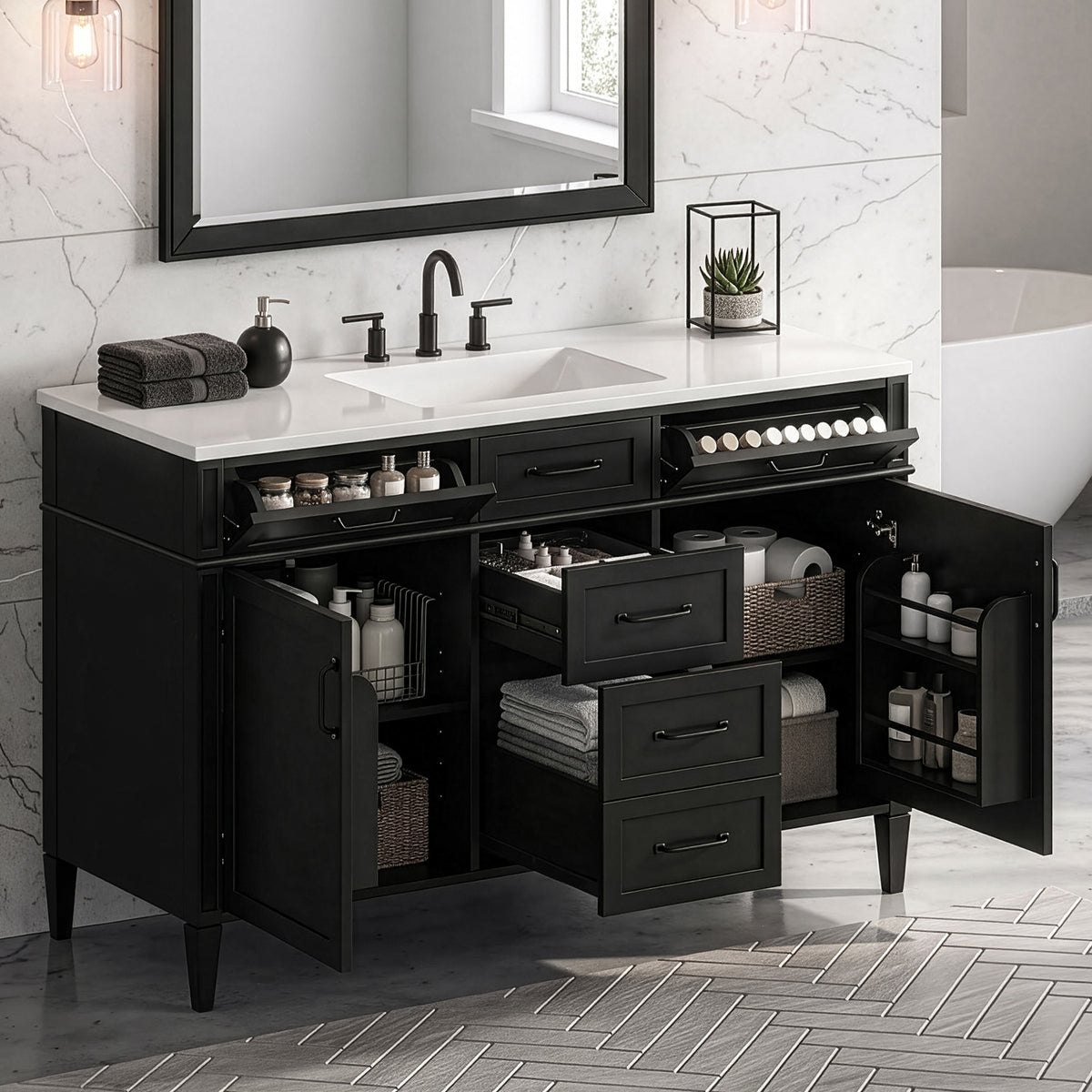 48" Black Bathroom Vanity with Composite Sink Top and 4 Drawers