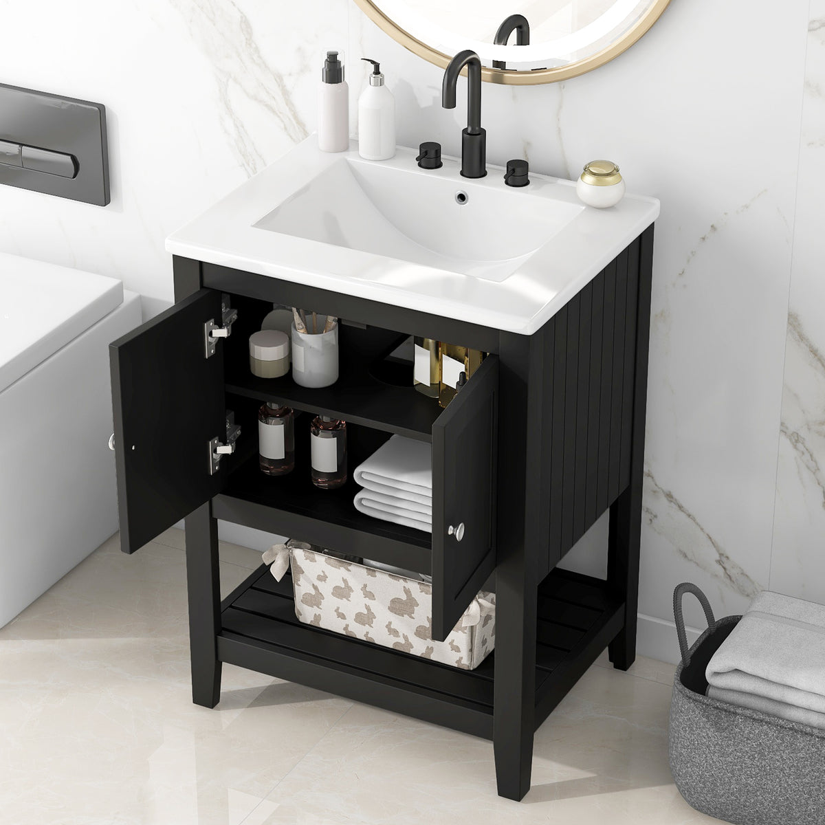 24" Black Bathroom Vanity with Ceramic Sink and Open Shelf
