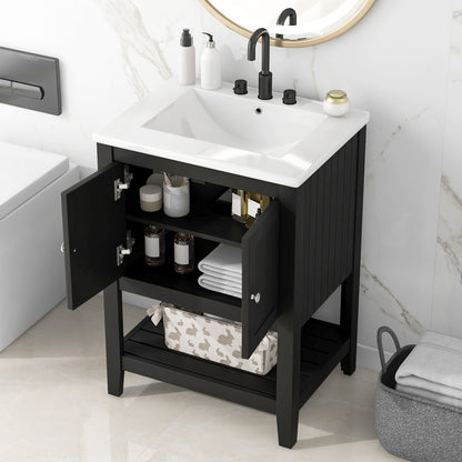 24" Black Bathroom Vanity with Ceramic Sink and Open Shelf