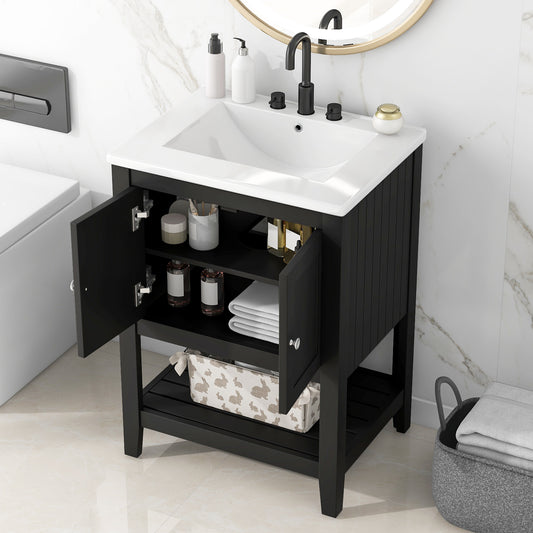 24" Black Bathroom Vanity with Ceramic Sink and Open Shelf