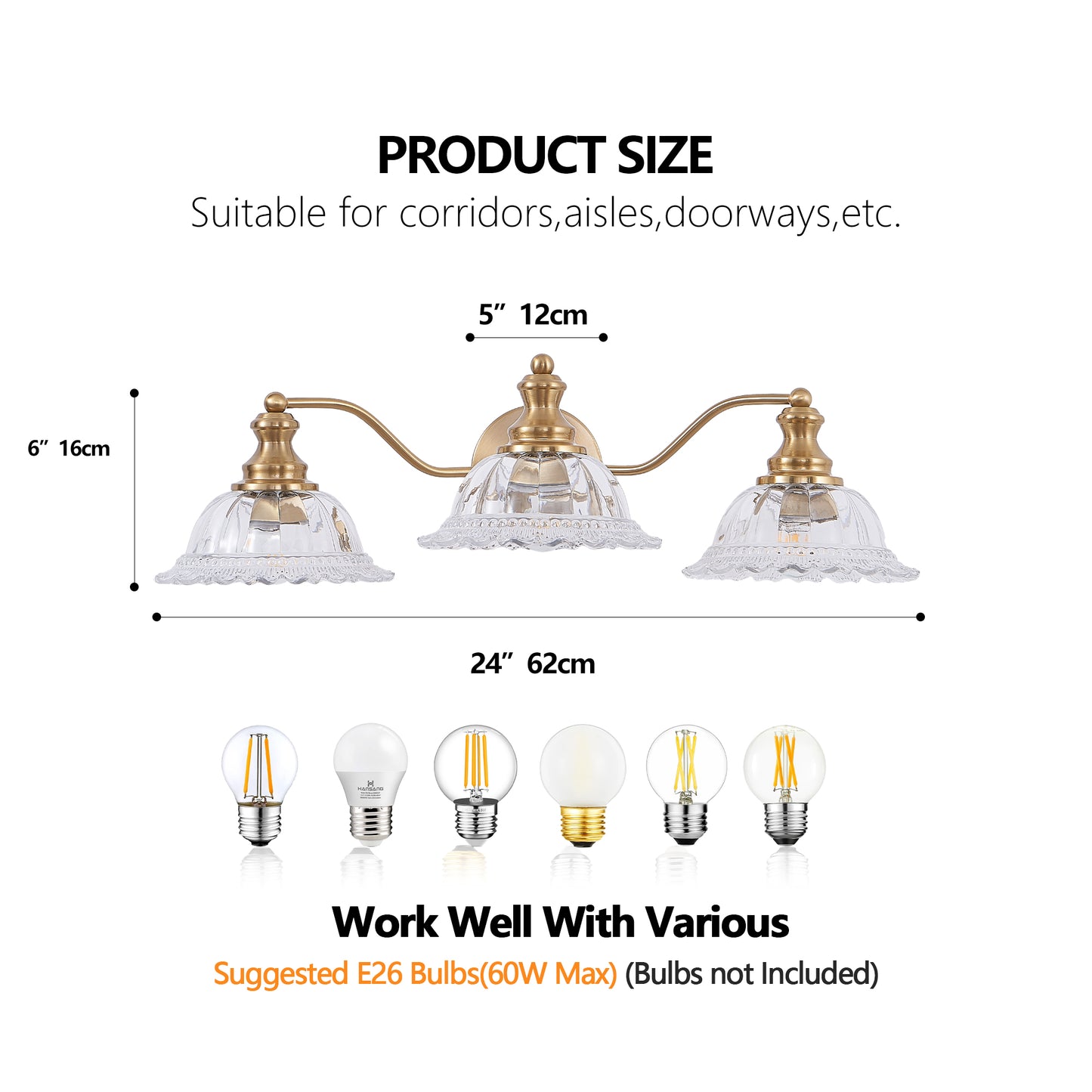 24" 3-Light Vintage Gold Vanity Light with Glass Shades - view 8