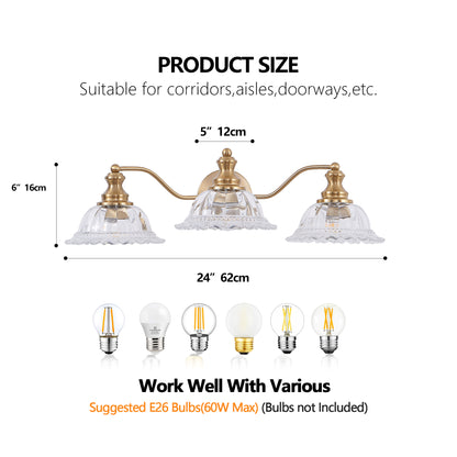 24" 3-Light Vintage Gold Vanity Light with Glass Shades - view 8