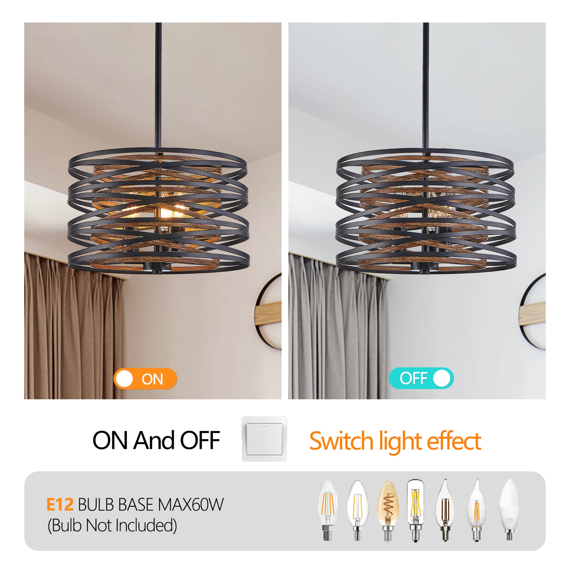 13" 3-Light Black & Walnut Caged Chandelier - view 7
