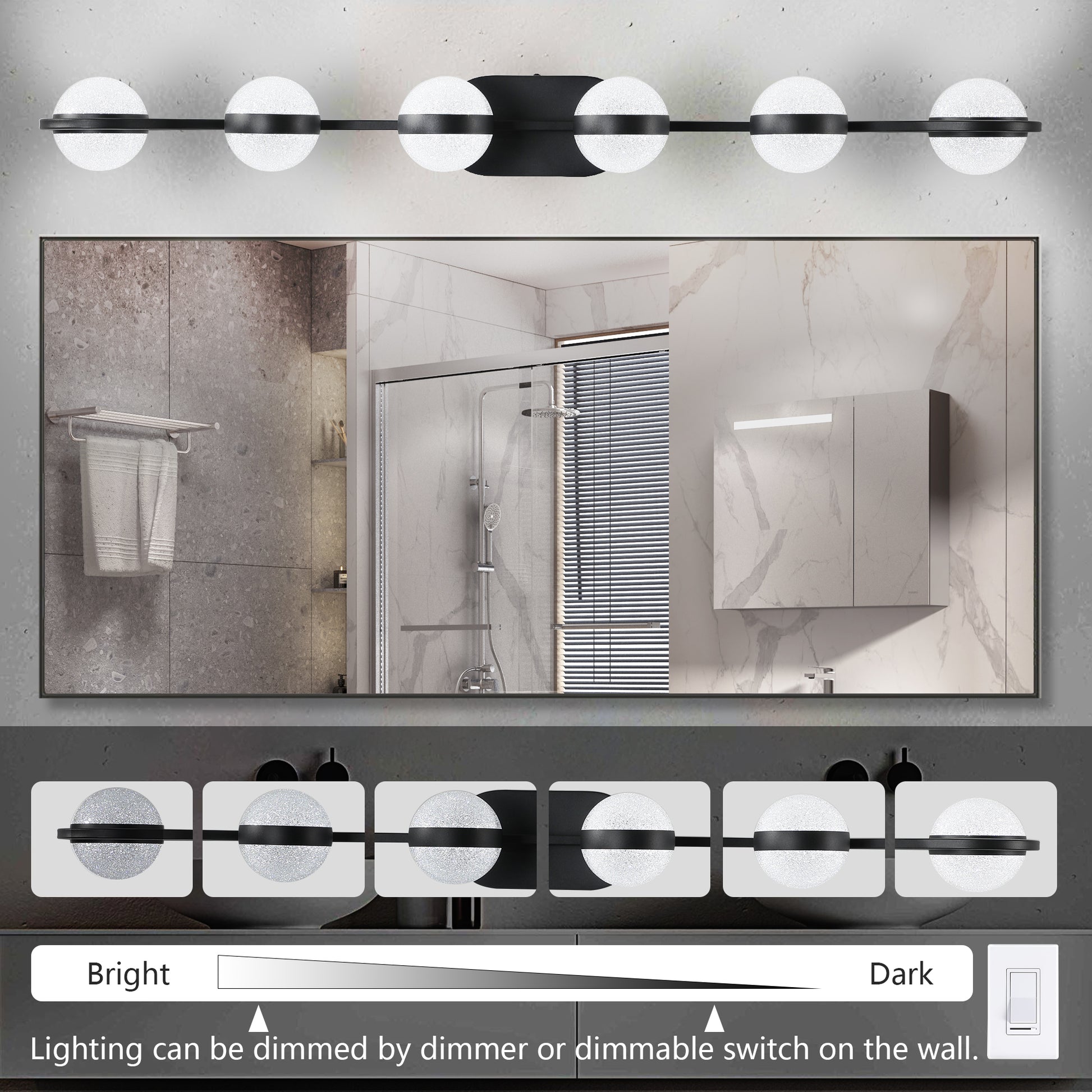 43" 6-Light Black LED Vanity Light with Crystal Sand Shades - view 7
