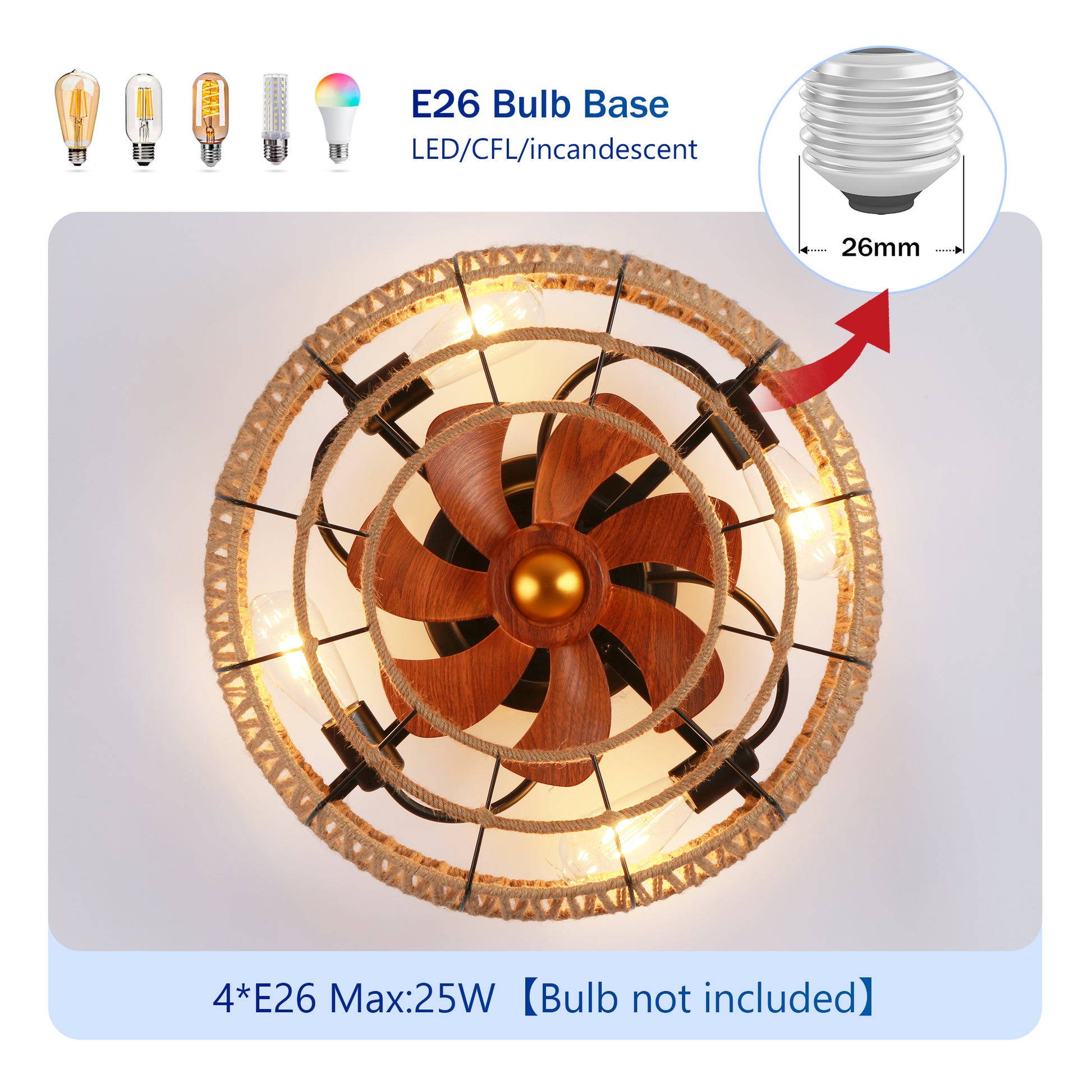 20" Matte Black Rope Caged Flush Mount Ceiling Fan - view 9