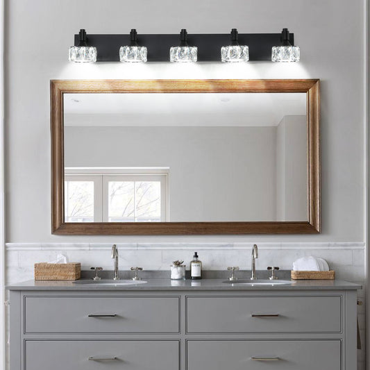 5-Light Matte Black LED Vanity Light with Crystal Glass
