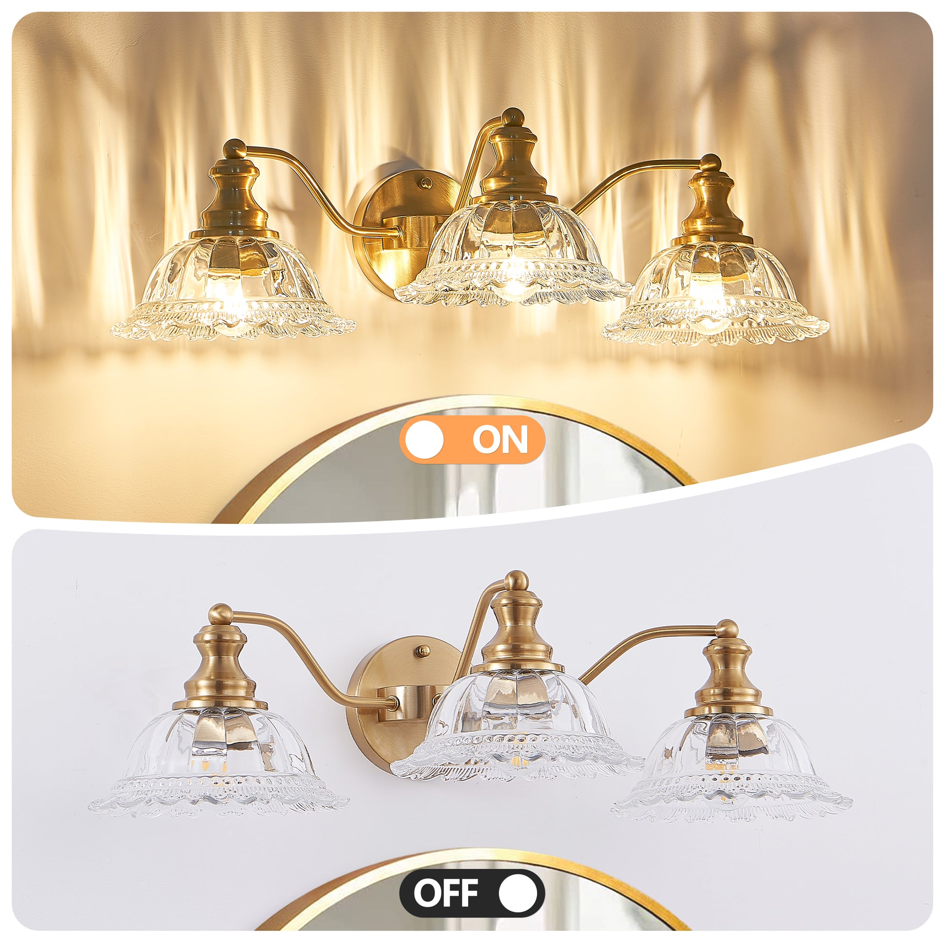 24" 3-Light Vintage Gold Vanity Light with Glass Shades - view 6