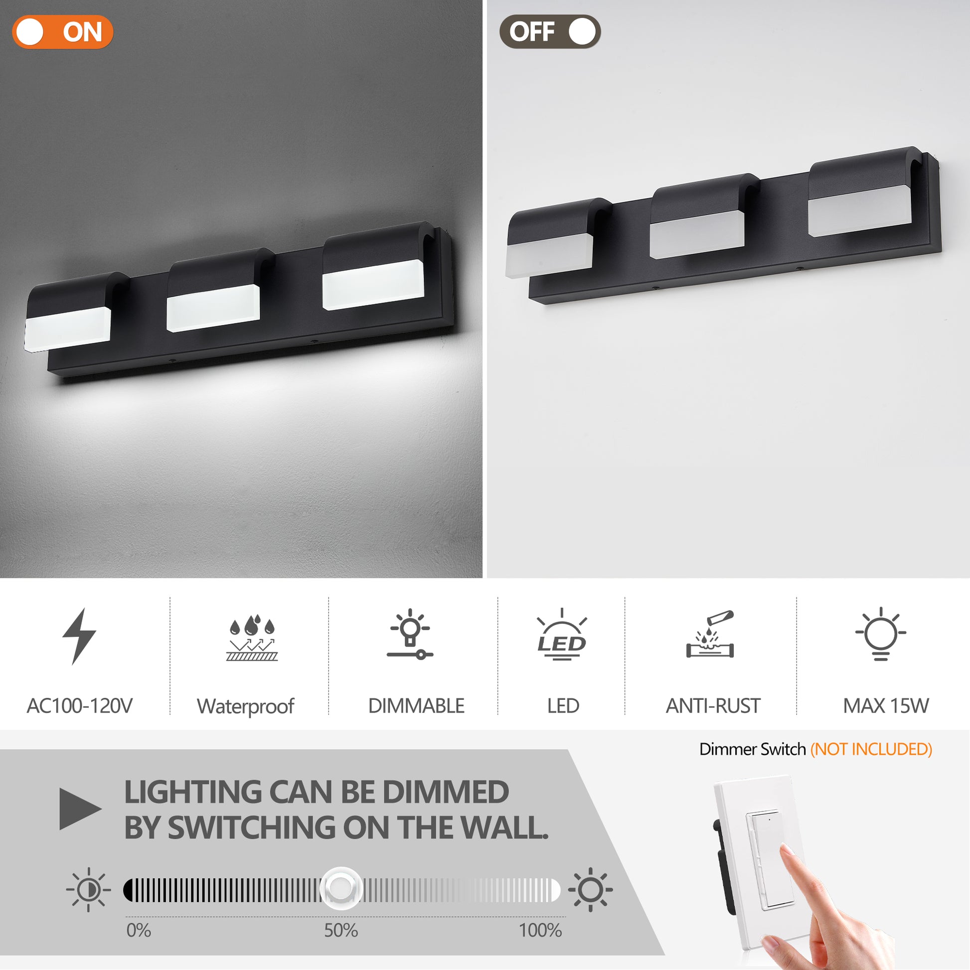 3-Light Matte Black Dimmable LED Vanity Light - view 6