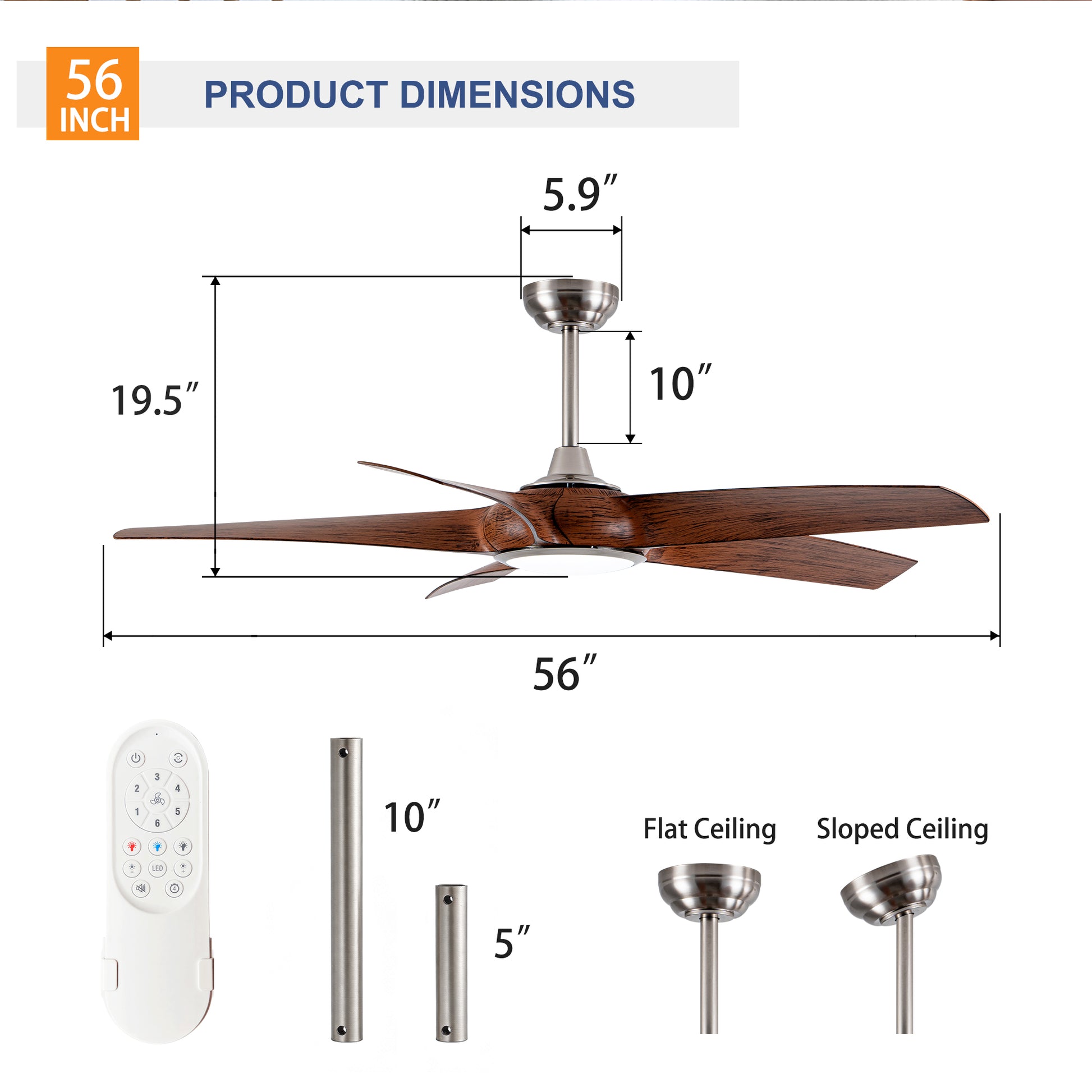 56" Nickel & Wood 5-Blade Ceiling Fan with Remote - view 6