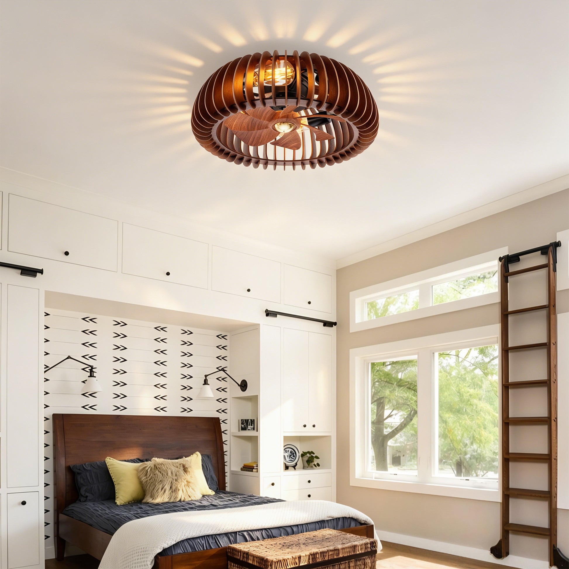 20" Wood Semicircle Flush Mount Ceiling Fan with Remote - view 4