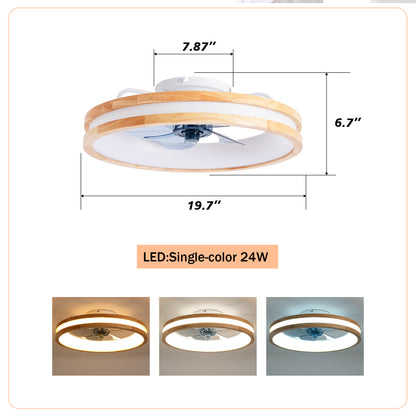Natural Wood & White Flush Mount Ceiling Fan with Dimmable LED - view 6