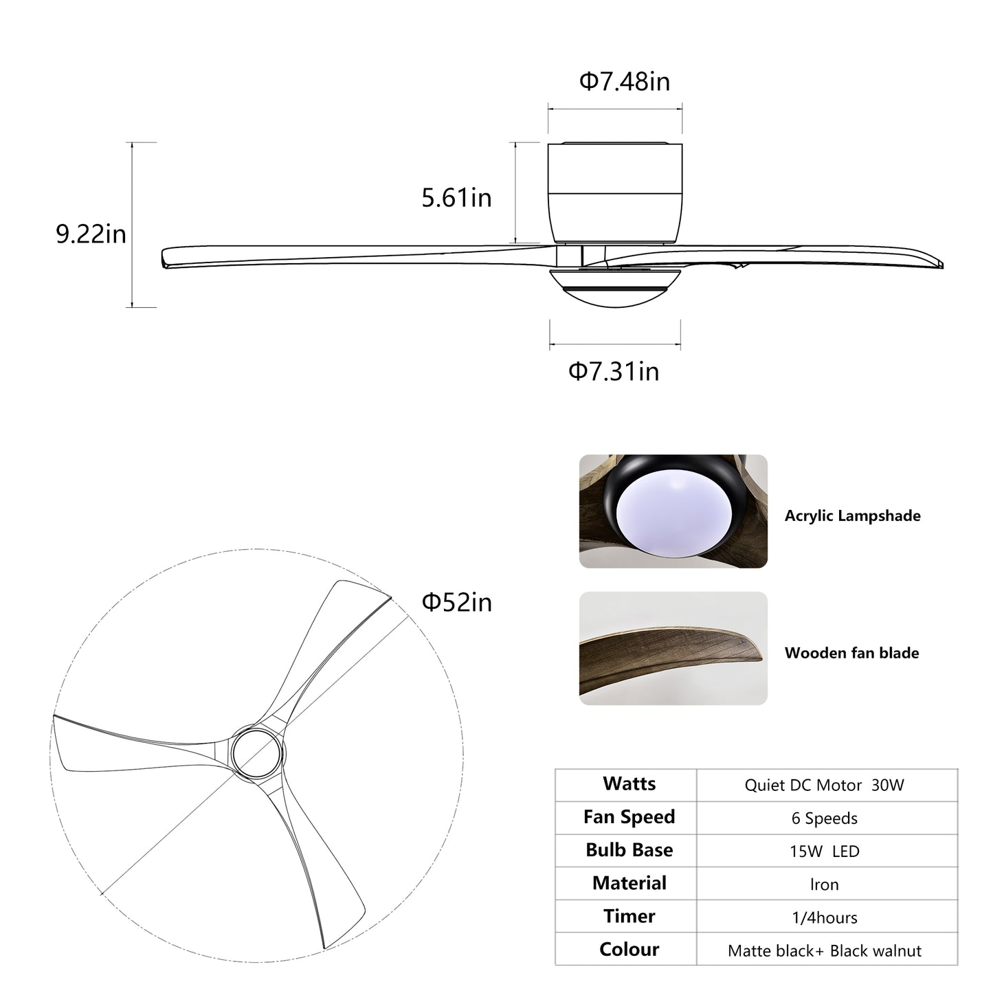 52" Matte Black Flush Mount Wood Ceiling Fan with Remote - view 7