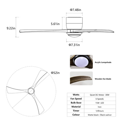 52" Matte Black Flush Mount Wood Ceiling Fan with Remote - view 7