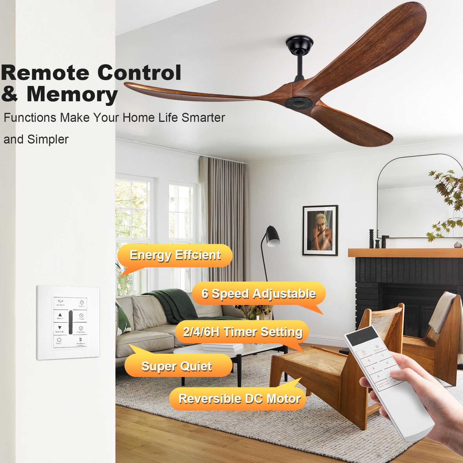 72" Walnut Solid Wood Ceiling Fan with Remote - view 16
