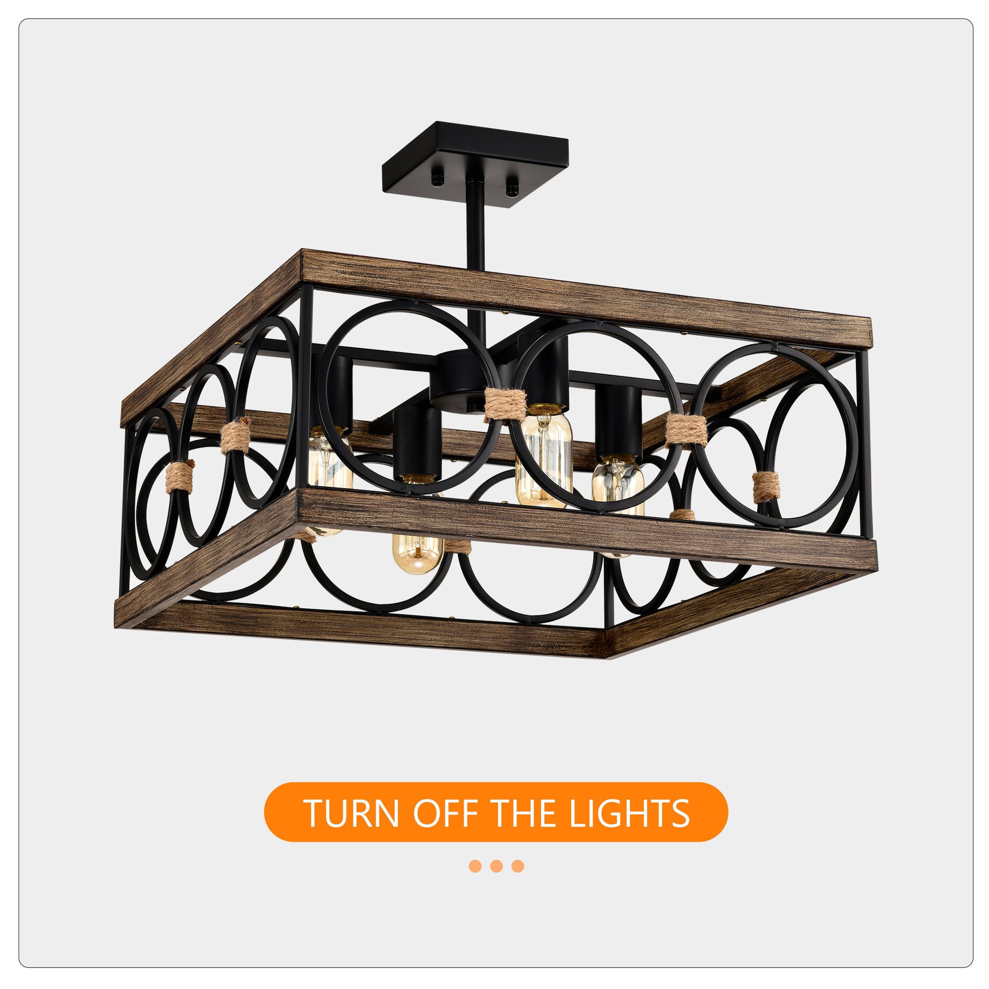 4-Light Wood & Black Farmhouse Flush Mount Ceiling Light - view 9